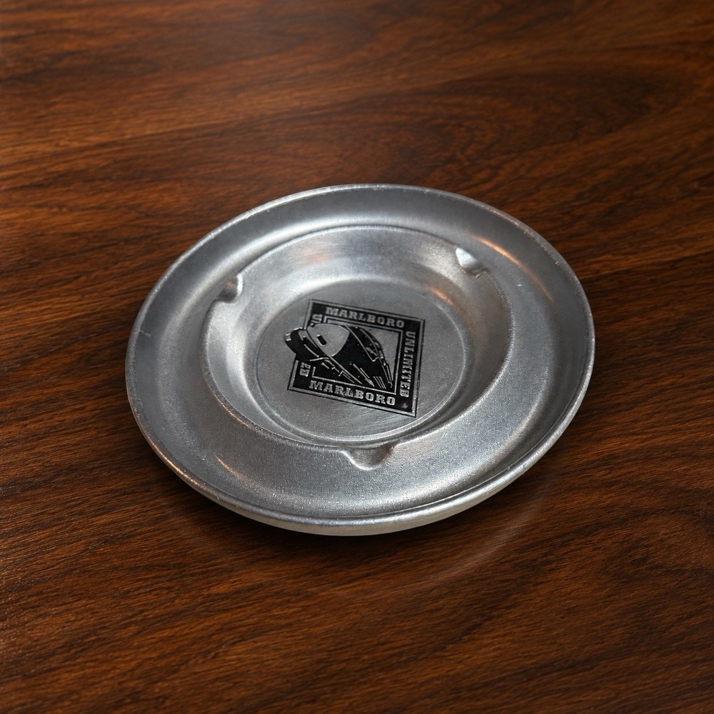 Vintage Metal Ashtray Marlboro Unlimited Railroad Train Theme Round Collectible
